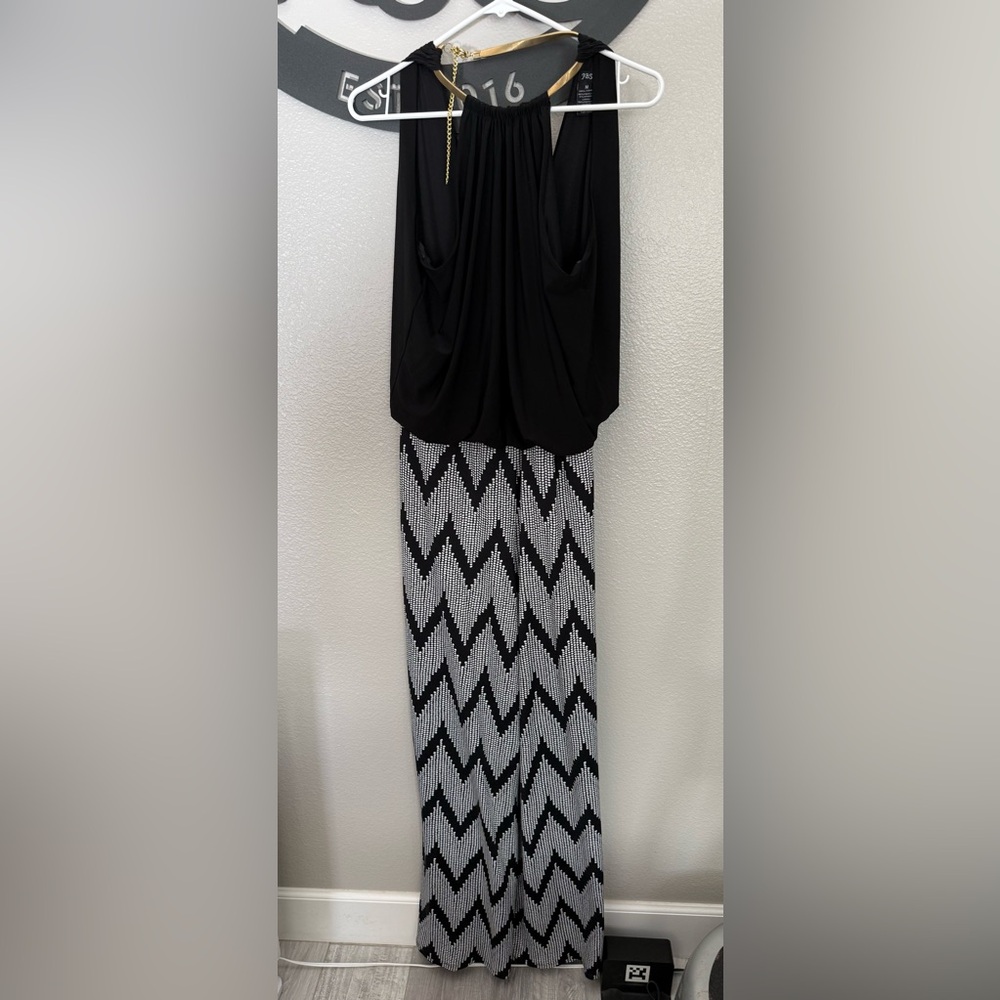J.B.S. Black and Gray Zigzag Maxi Skirt with gold metal around neck